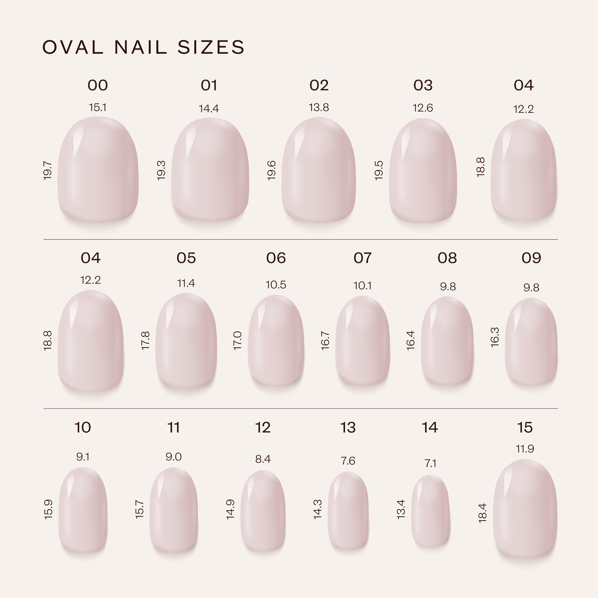 A size chart for oval nail tips showing sizes 00 to 15 arranged in rows